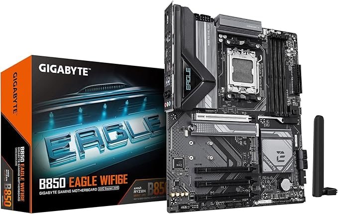 GIGABYTE Placa-mãe B850 Eagle WIFI6E AMD AM5 LGA 1718, ATX, DDR5, 3X M.2, PCIe 5.0, USB-C, WIFI6E, LAN 1GbE, EZ-Latch, Garantia de 5 anos