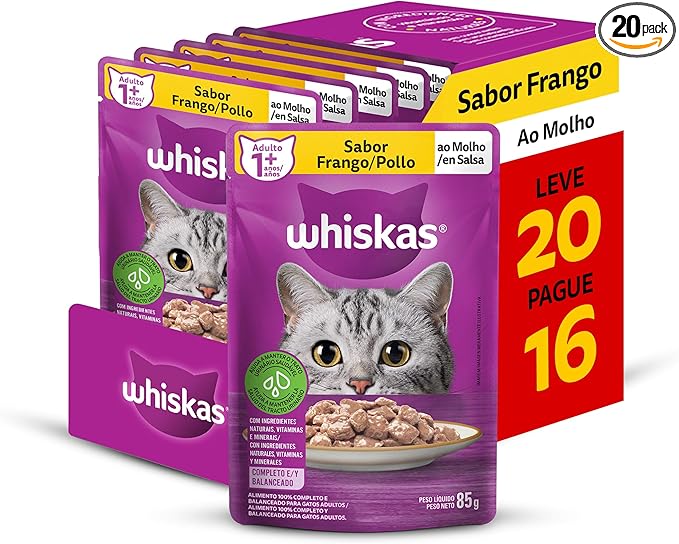 Pack Ração Úmida Whiskas Sachê Frango ao Molho para Gatos Adultos - Leve 20 Pague 16
