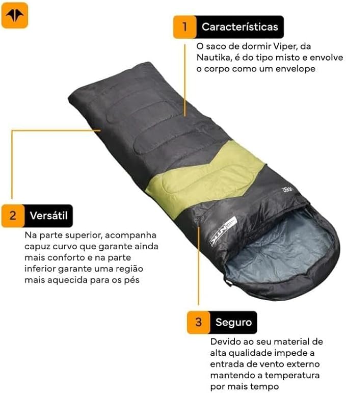 NTK, Saco de Dormir Envelope 2,10m em Poliéster com Hollow-Fiber, para Camping e Aventuras, Viper