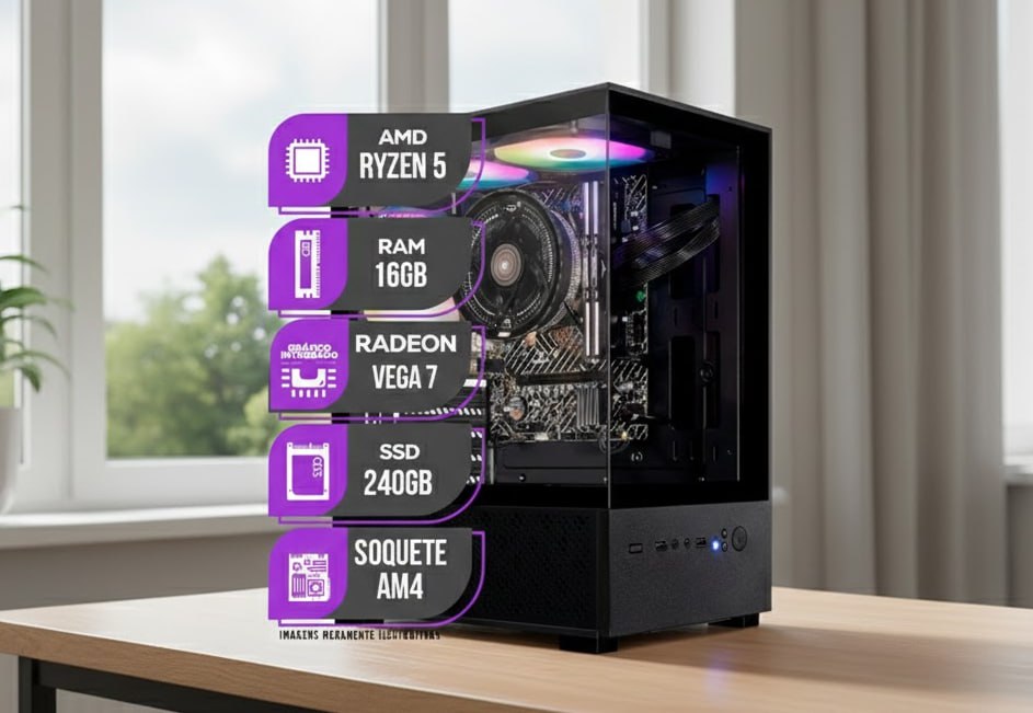 PC Gamer Mancer, AMD Ryzen 5 5600GT, Vega 7, 16GB DDR4, SSD 240GB, Fonte 400W 80 Plus