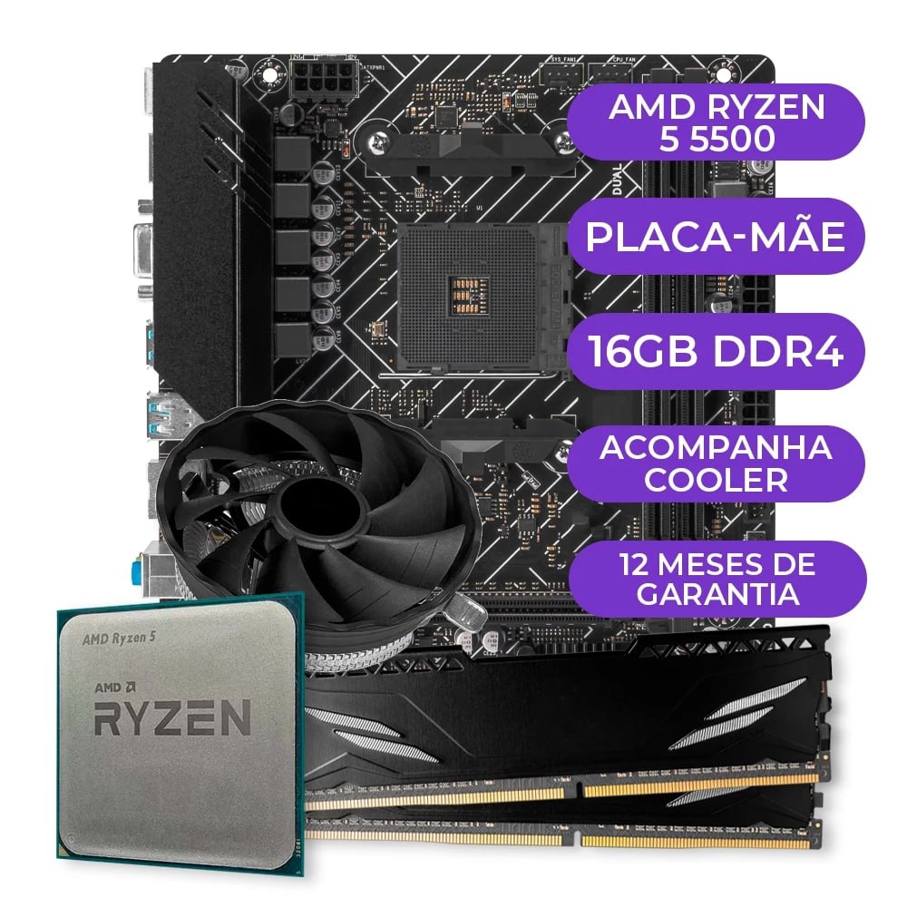 Kit Upgrade Gamer, Processador AMD Ryzen 5 5500, A520M AM4, 16GB DDR4