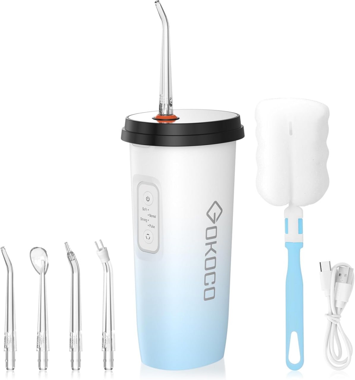 Gokoco Irrigador Oral Jato De Água Para Limpeza, Irrigador Bucal Profunda com Espelho, 5 bicos, 3 Modo de Enxágue, Design Xícara de Chá Cor Gradiente, GF1096 Blue