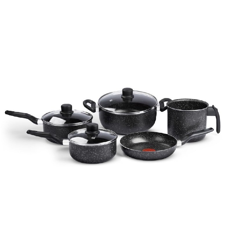 Jogo de Panelas Rochedo Stone Pro 5 peças, Preto com Efeito Pedra e Antiaderente Minerium, Cabos Ergonômicos, Base de Limpa Fácil e Distribuição Uniforme de Calor