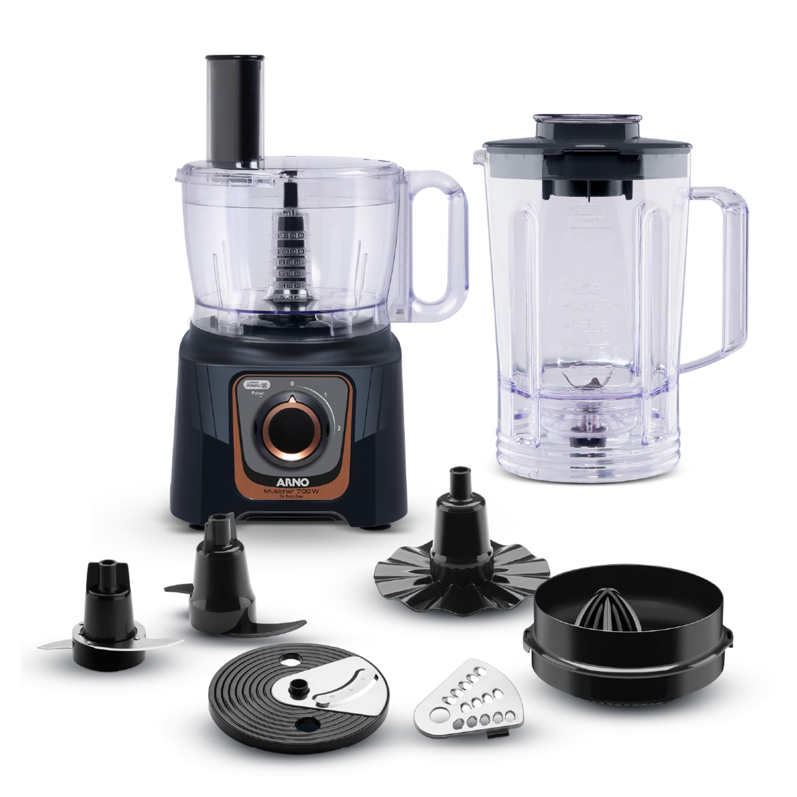Multiprocessador Arno Multichef 700W MP72, com 24 Funções, Preto, 7 Acessórios, 2 Velocidades, Liquidificador 3,1L e Espremedor de Frutas, 110V