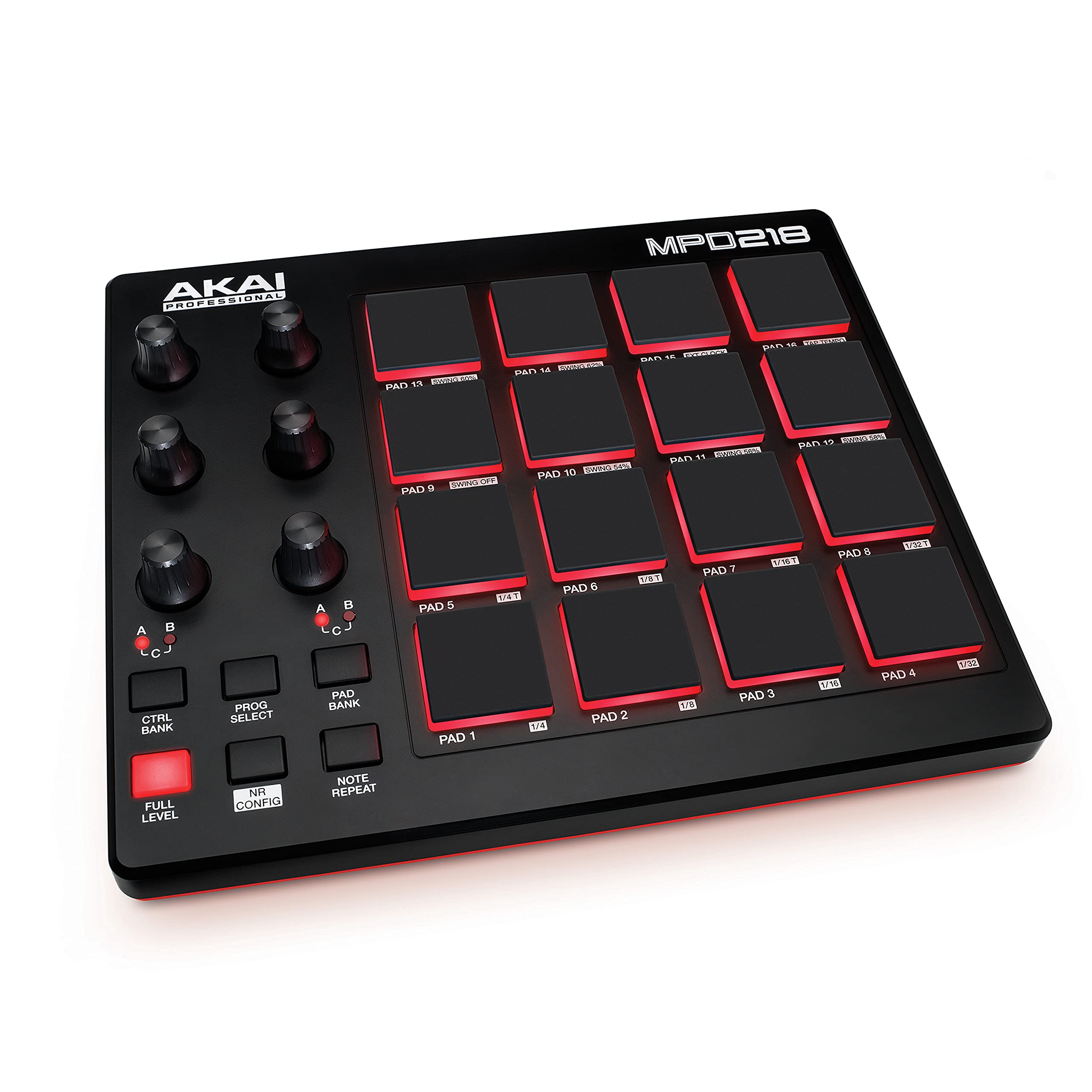 Akai Professional MPD218 Controlador MIDI USB com 16 pads MPC, 6 knobs atribuíveis, Note Repeat, Full Level e software para produção musical