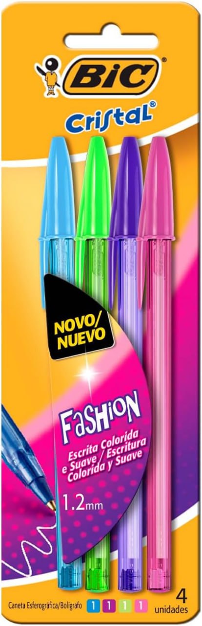 BIC, Caneta Esferográfica Escrita Média, Cristal Fashion, 4 Cores Vivas, 4 Unidades