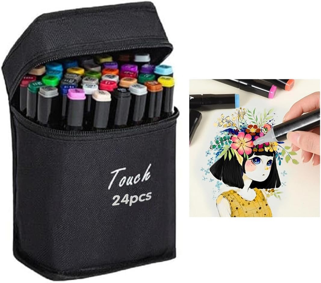 Caneta Marcador Permanente 24 Cores Estojo Ponta Dupla Desenho Pintura Arte Trabalho Escola Estudante