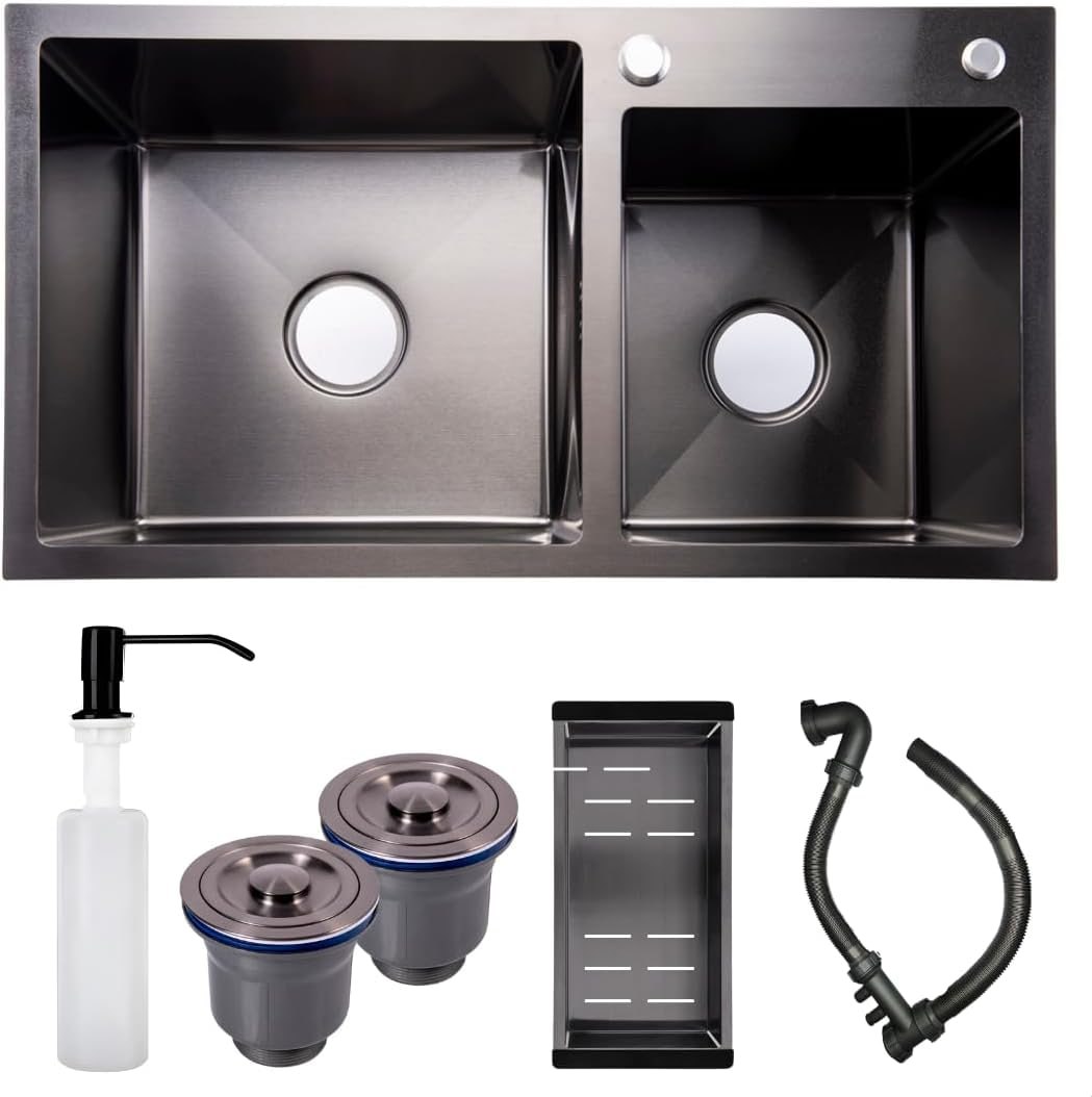 Cuba Dupla Premium de Cozinha Quadrada Preta Inox78x43 SOFTINOX Acabamento Preto Escovado Acompanha Kit com Dispenser, Válvula, Cesto Escorredor e Kit de Instalação