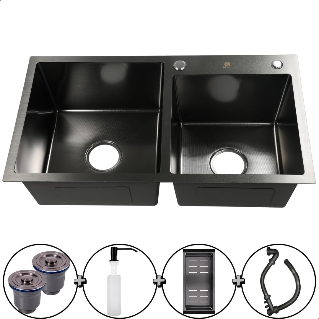 Cuba Dupla Gourmet Cozinha Inox 304 Anti Risco Nano PVD Black 78x43 cm Completa Com Acessórios