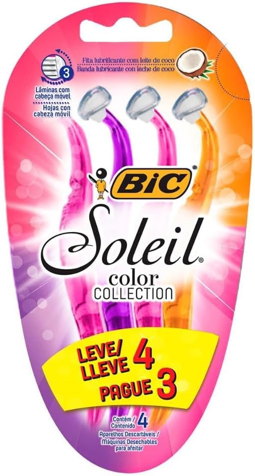 BIC Aparelho De Depilar Soleil Rosa Roxo E Laranja Leve 4 Pague 3 - 930183 - Dupla Fita Lubrificante Com Leite De Coco