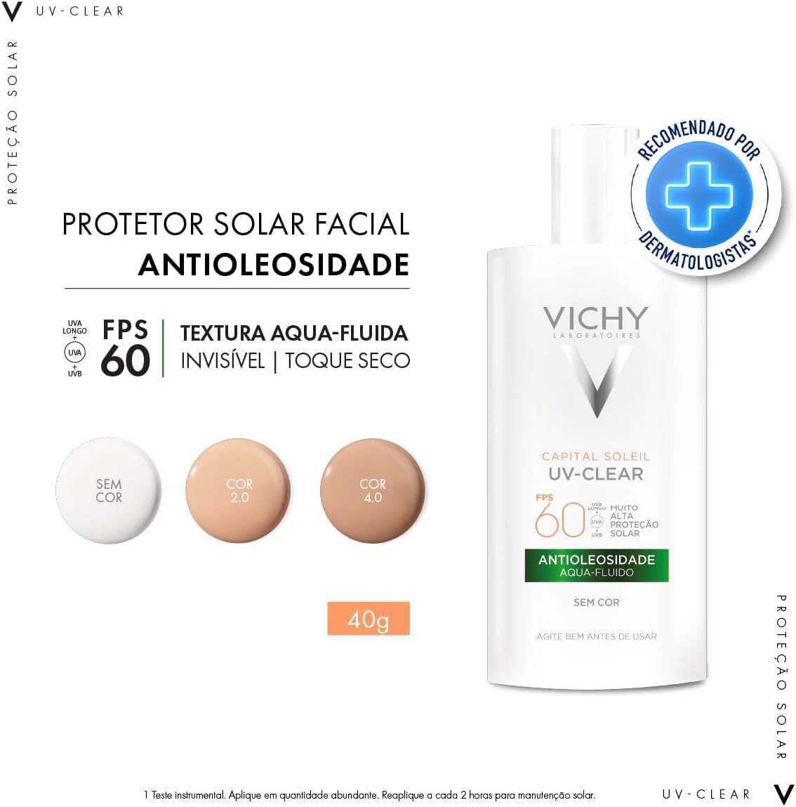 Vichy Capital Soleil UV-Clear Protetor Solar Facial Antioleosidade e Antiacne Sem Cor, Toque Seco FPS 60, 40g