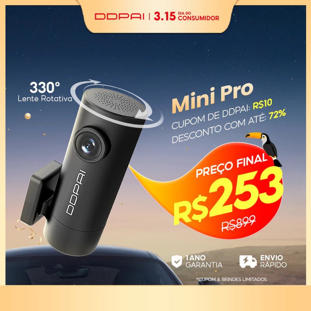 DDPAI Mini Pro Câmera Veicular 1296P Ângulo de 140° Dash Cam Wi-Fi Visão Noturna Monitoramento 24h