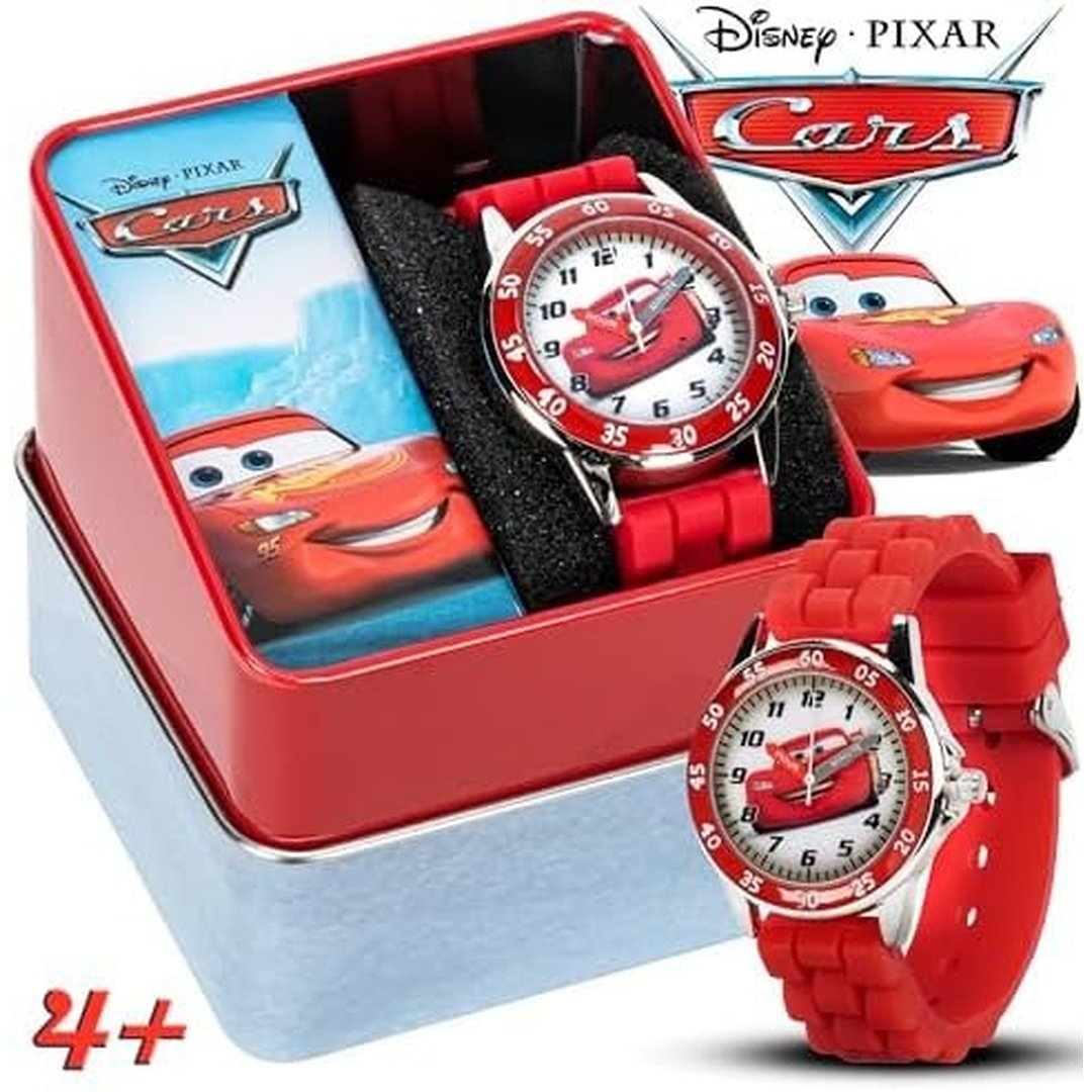 Accutime Relógio analógico infantil Carros com caixa prateada, moldura vermelha, pulseira vermelha - Personagem oficial do carro Lightning McQueen no mostrador, relógio Time-Teacher,
