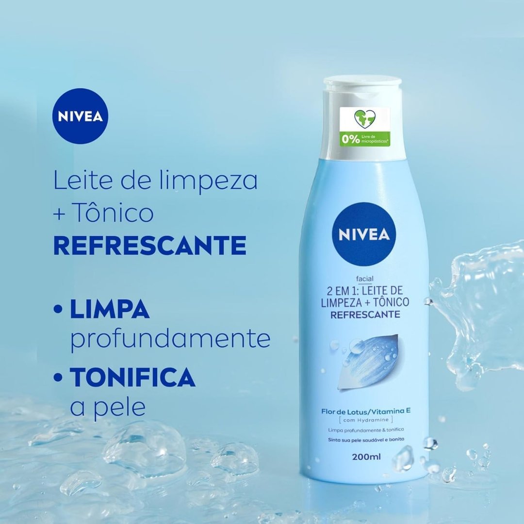 NIVEA Loção 2 em 1 Leite de Limpeza Facial Tônico Refrescante 200ml, Limpeza Profunda, Remove Impurezas, Tonifica, Vitamina E
