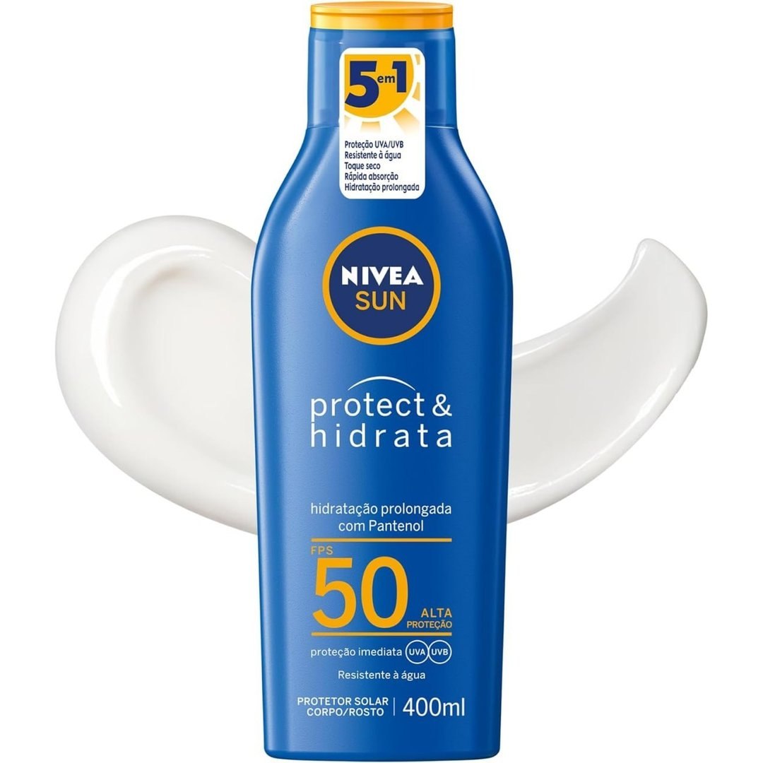 NIVEA SUN Protetor Solar Protect & Hidrata FPS 50 400ml - Com toque seco, rápida absorção e resistente à água, esse protetor solar oferece altíssima proteção ao sol e promove hidratação à pele