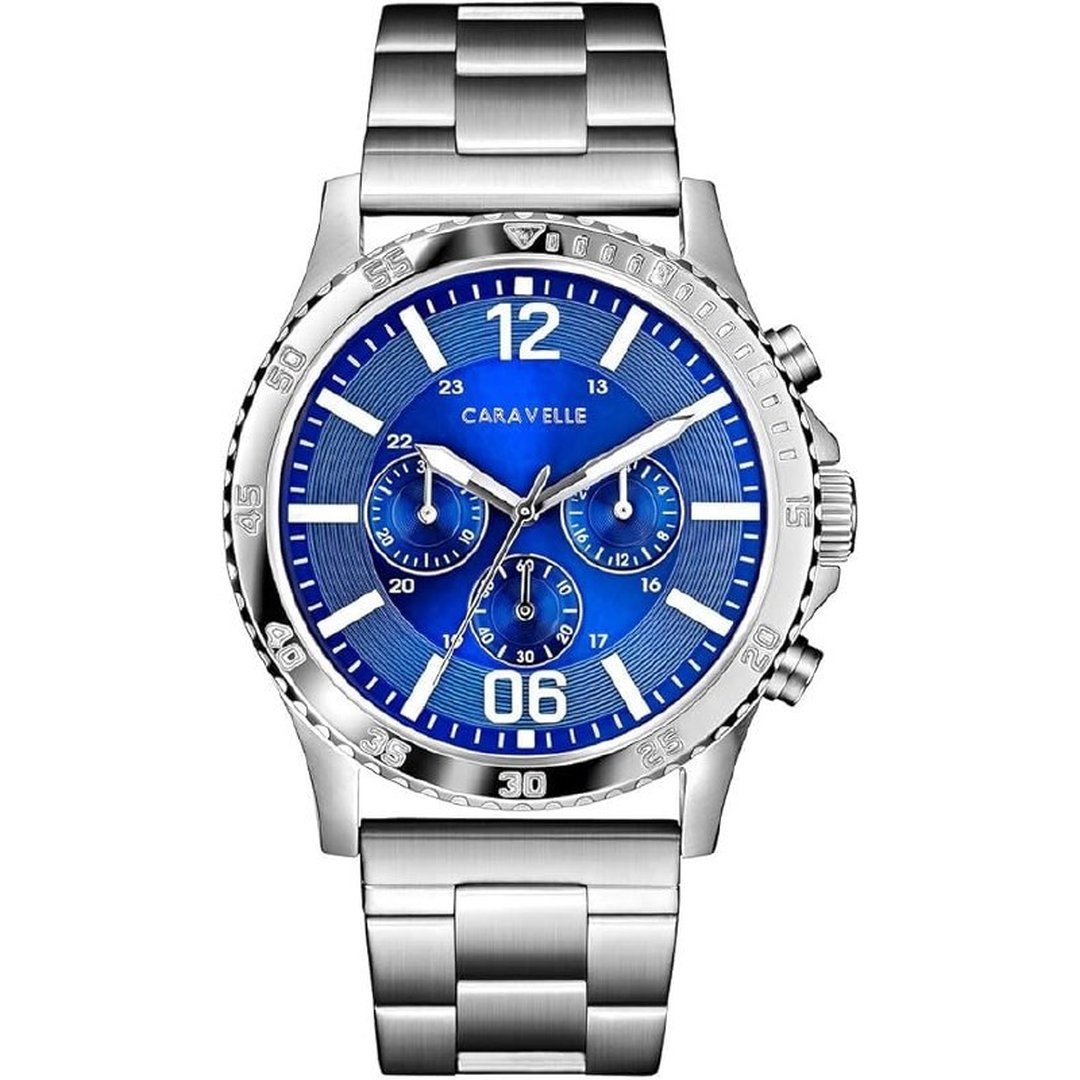 Relógio esportivo masculino Caravelle by Bulova com cronógrafo de quartzo e aço inoxidável, mostrador azul estilo: 43A145, Prata, Moderno