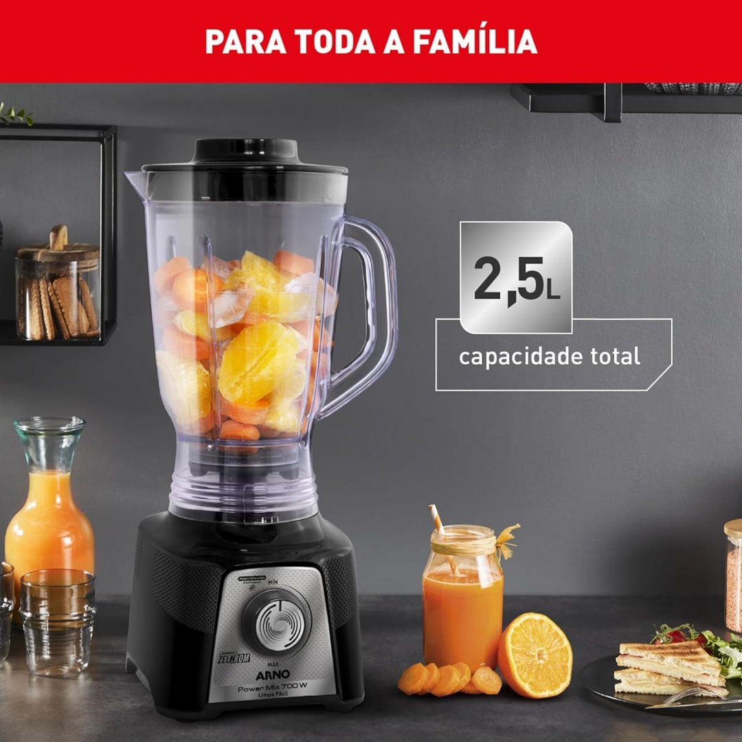 Liquidificador Arno Powermix 700W LQ35, Preto, com 4 Lâminas Zelkrom, Tecnologia Limpa Fácil e Controle de Velocidade Comfort Control, 110V
