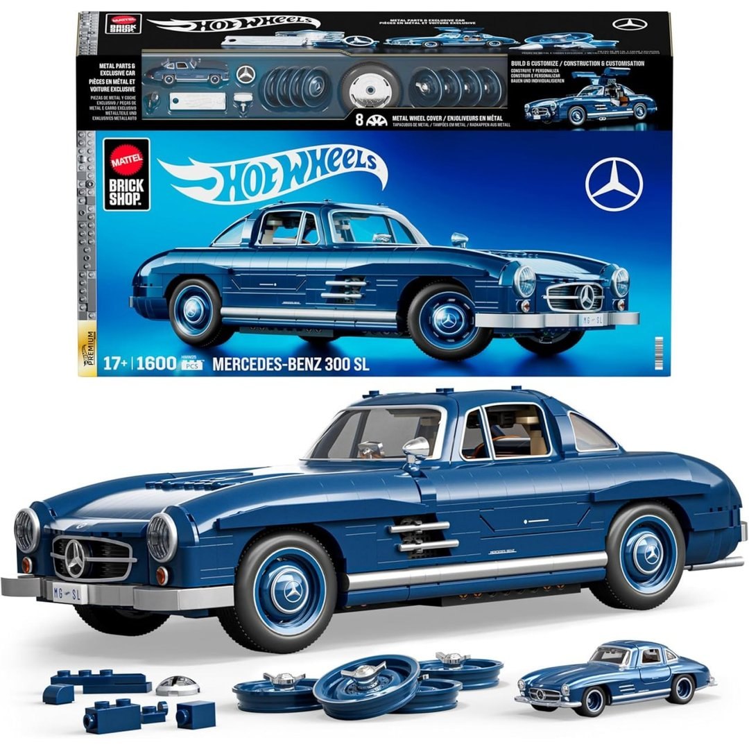 Mattel Brick Shop Hot Wheels Jogo de Construção Premium Mercedes Benz 300 SL modelo montável em escala 1:12 com Placa de Coleção e 1 carrinho de metal Perfeito para colecionadores