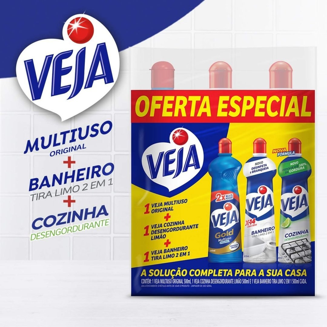Kit Veja - 1 Limpadores Multiuso Original 500ml + 1 Limpador Cozinha Desengordurante Limão 500ml + 1 Limpador Banheiro Tira Limo 500m