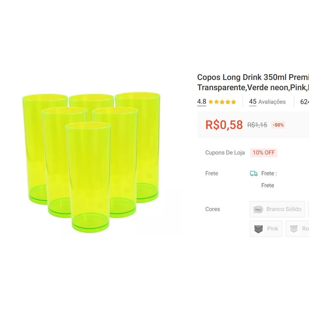 Copos Long Drink 350ml Premium - Cores Branco,Cristal Transparente,Verde neon,Pink,Rosa bebê