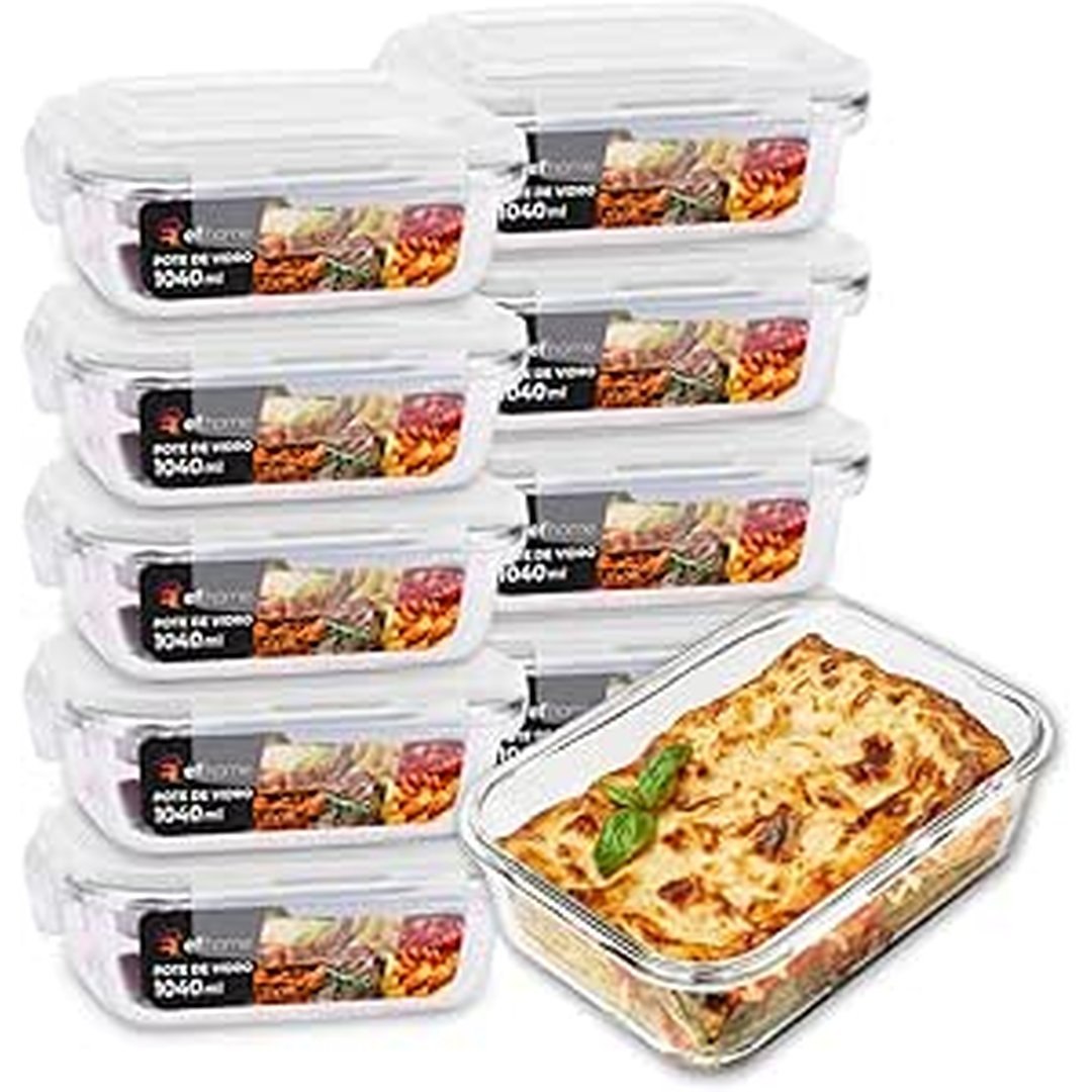 Kit 10 Potes de Vidro Retangular com Tampa Hermética 1040ml Cor: Transparente