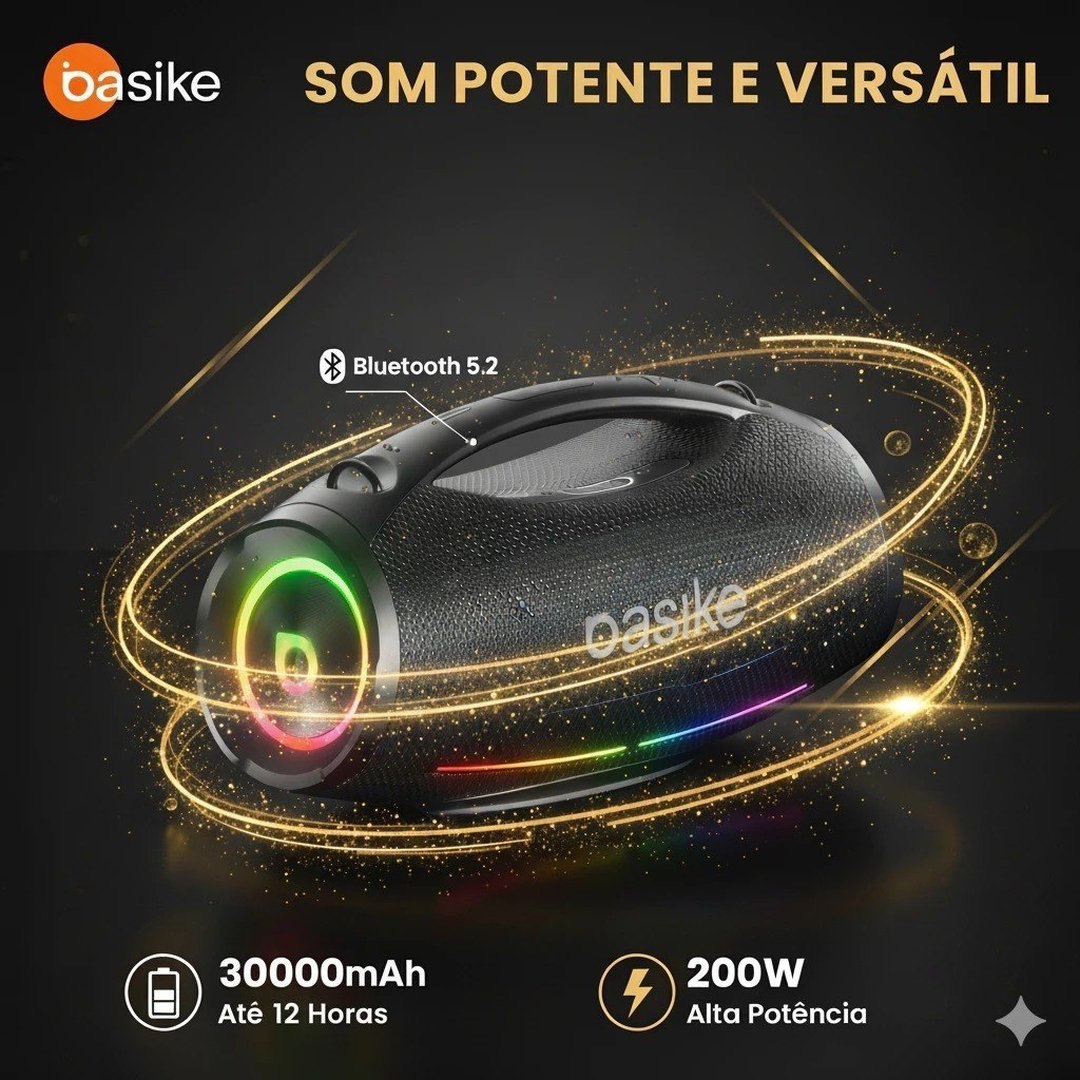 Basike Caixa de Som Boombox Plus Bluetooth 200w IpX6 Bateria 12 Horas Som Potente Preto Ba-RAD304
