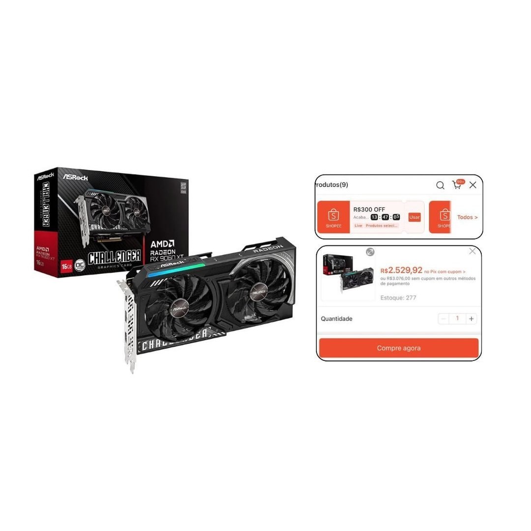 Placa de Vídeo Gpu Asrock Amd Radeon Rx 9060 Xt Challenger Oc 16gb, Gddr6 128-Bit, 90-Ga5qzz-00uanf