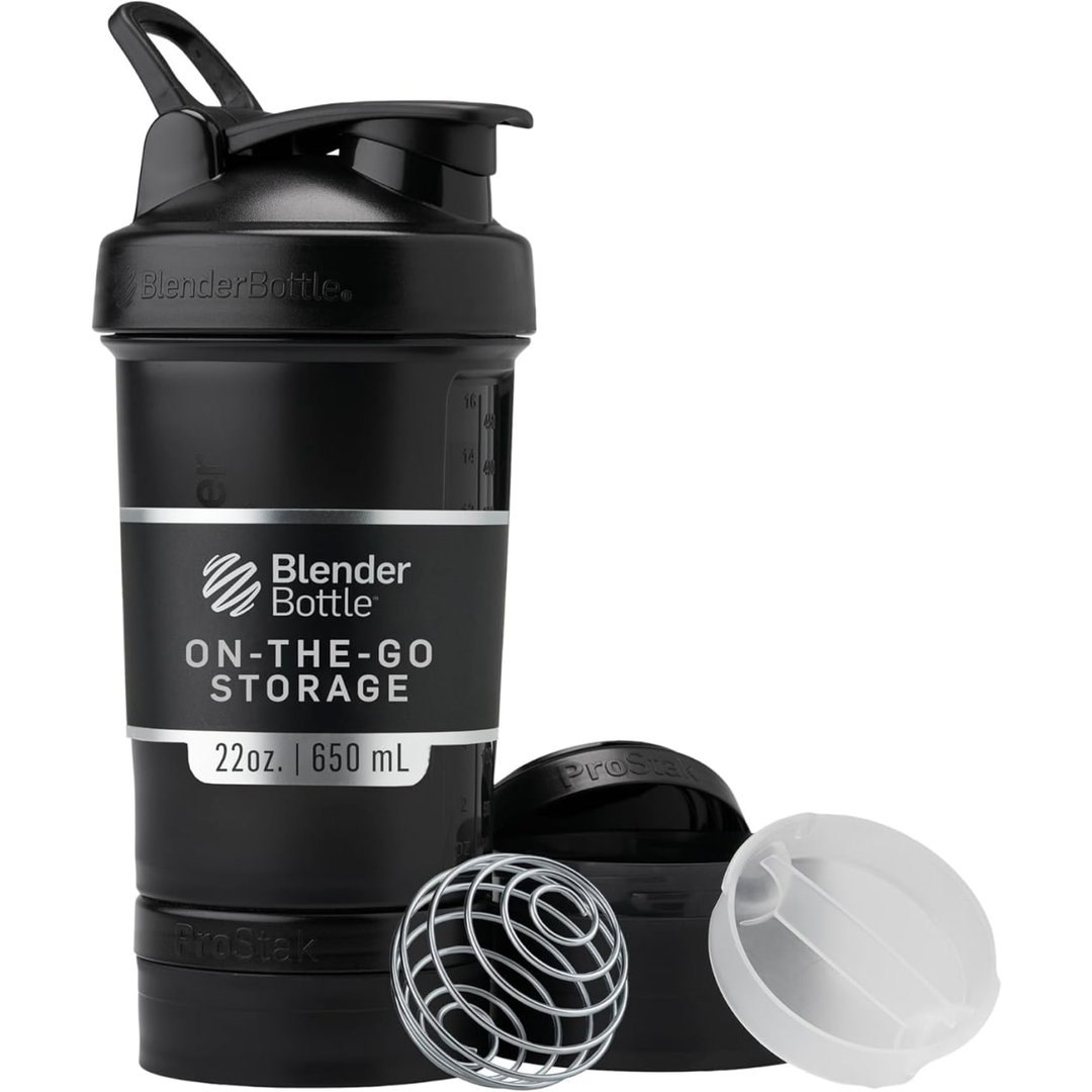 BlenderBottle Coqueteleira com organizador de comprimidos e armazenamento para proteína em pó, sistema ProStak, 623 g, Midnight Black