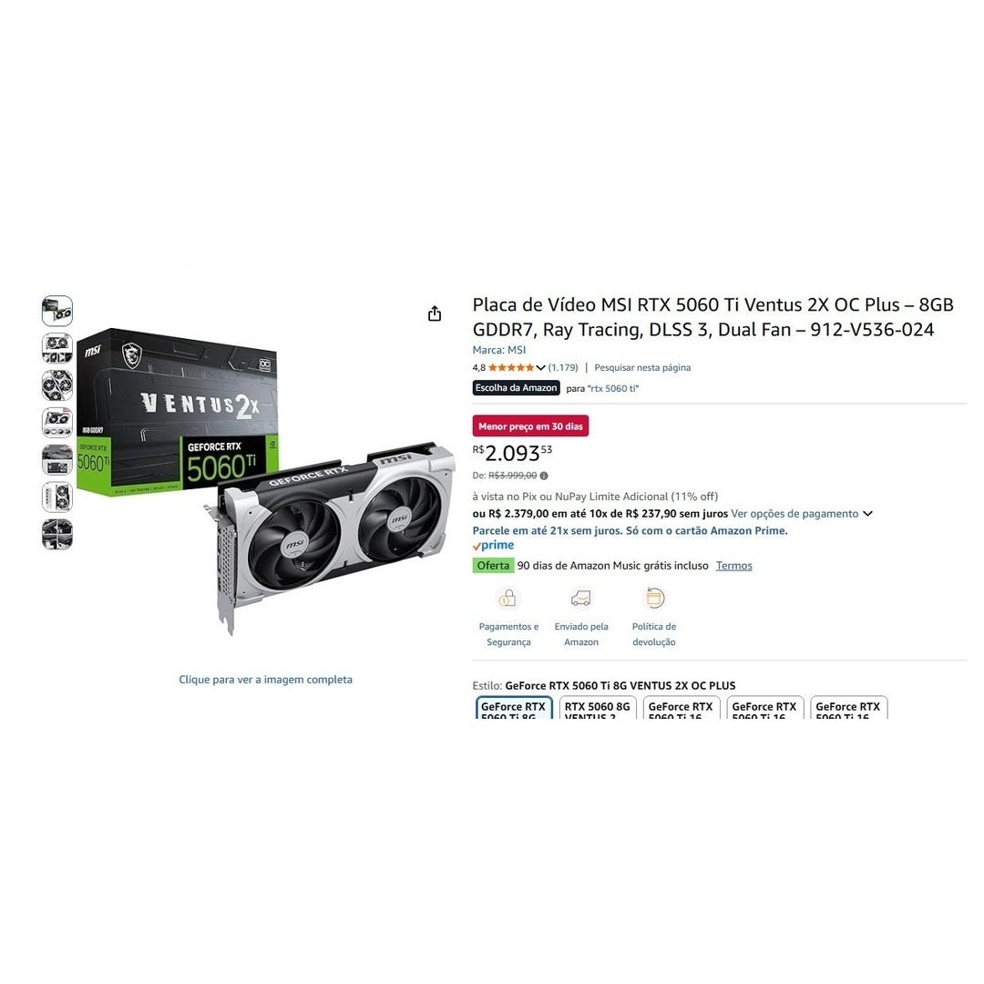 RTX 5060 Ti R$2093 - Placa de Vídeo MSI RTX 5060 Ti Ventus 2X OC Plus – 8GB GDDR7, Ray Tracing, DLSS 3, Dual Fan – 912-V536-024