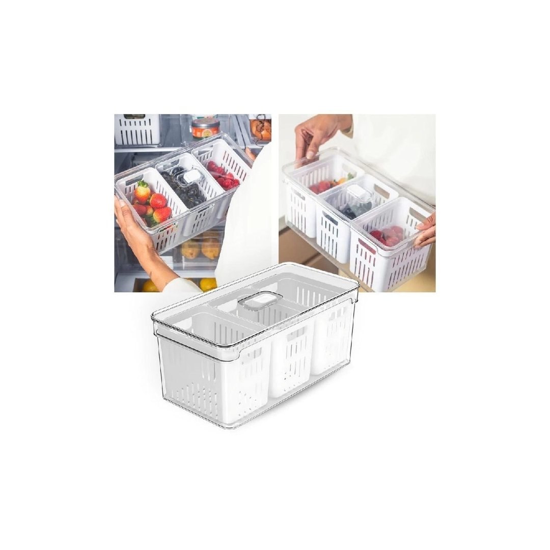 Organizador de Geladeira 5L com 3 Cestos Ou Natural Tampa Porta Frutas Legumes Vegetais Clear Fresh