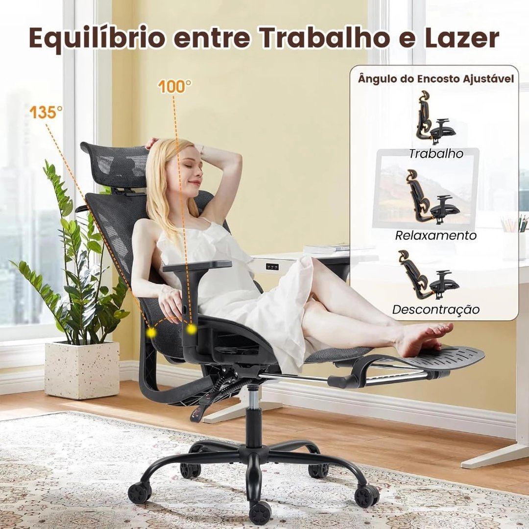 Cadeira De Escritório Ergonômica Mesh Com Apoio Para Pés Lombar 6d e Braços 3d Preta Yesop
