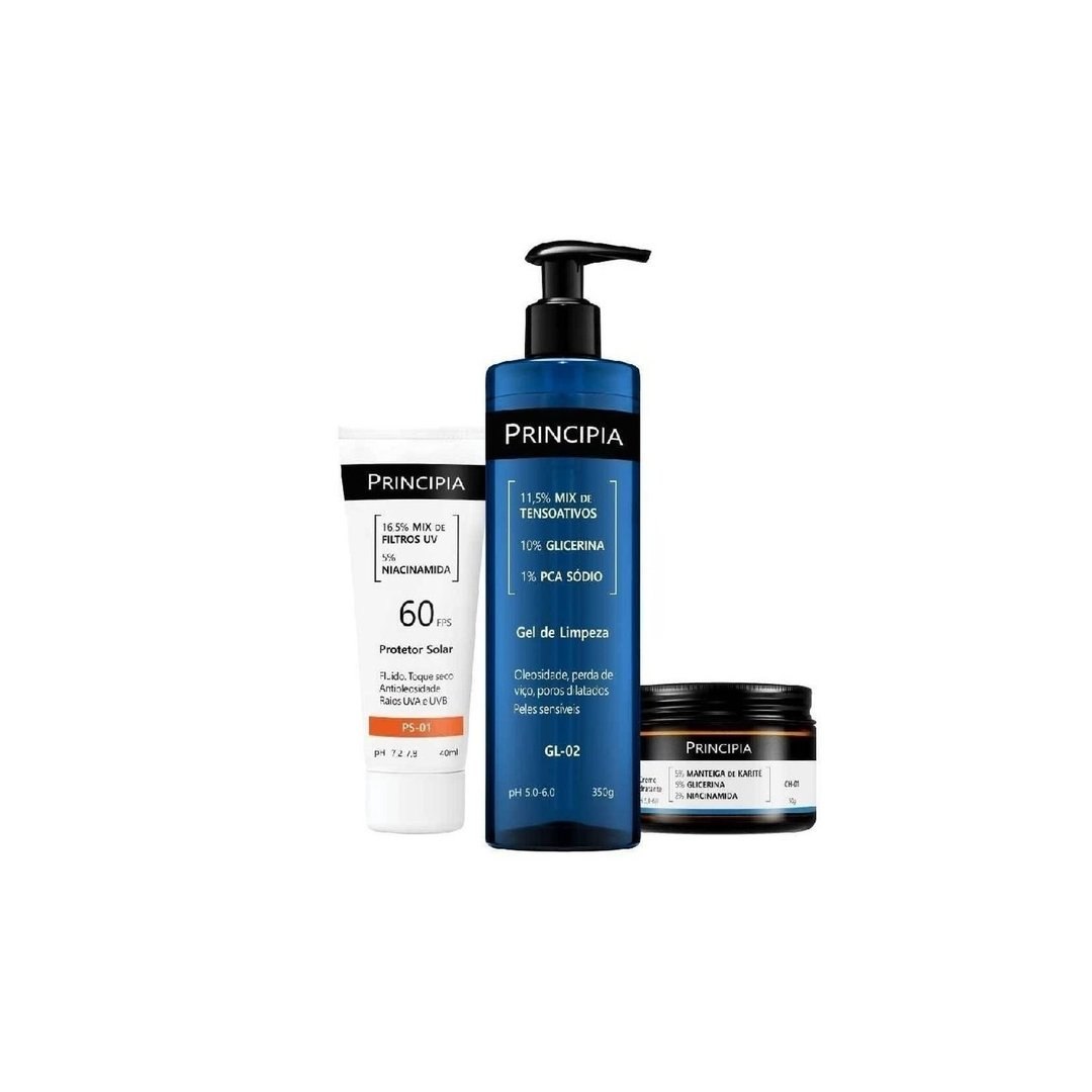 Principia Kit Completo Peles Sensíveis c/ Gel de Limpeza Gl-02 + Creme Hidratante Ch-01 + Protetor Solar Ps-01 FPS 60