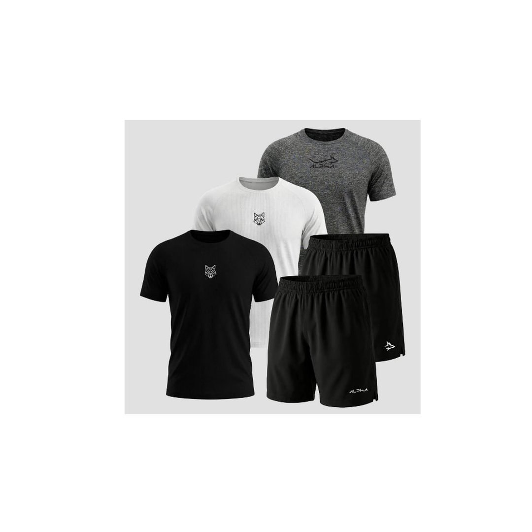 Kit 5 Peças Dry Fit 3 Camisetas e 2 Bermudas Alpha