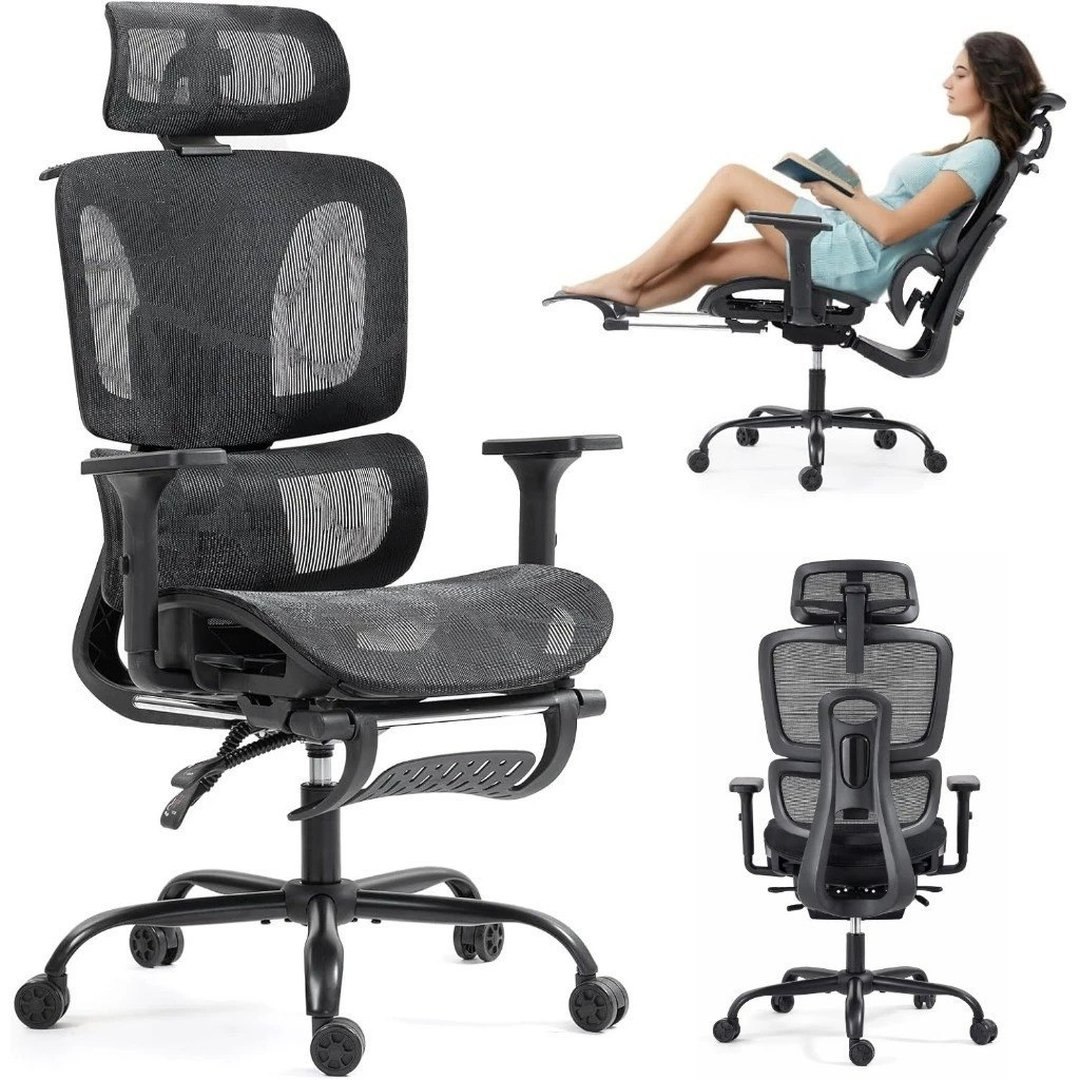 Yesop Cadeira De Escritório Ergonômica Mesh Com Apoio Para Pés Lombar 6D E Braços 3D Preta