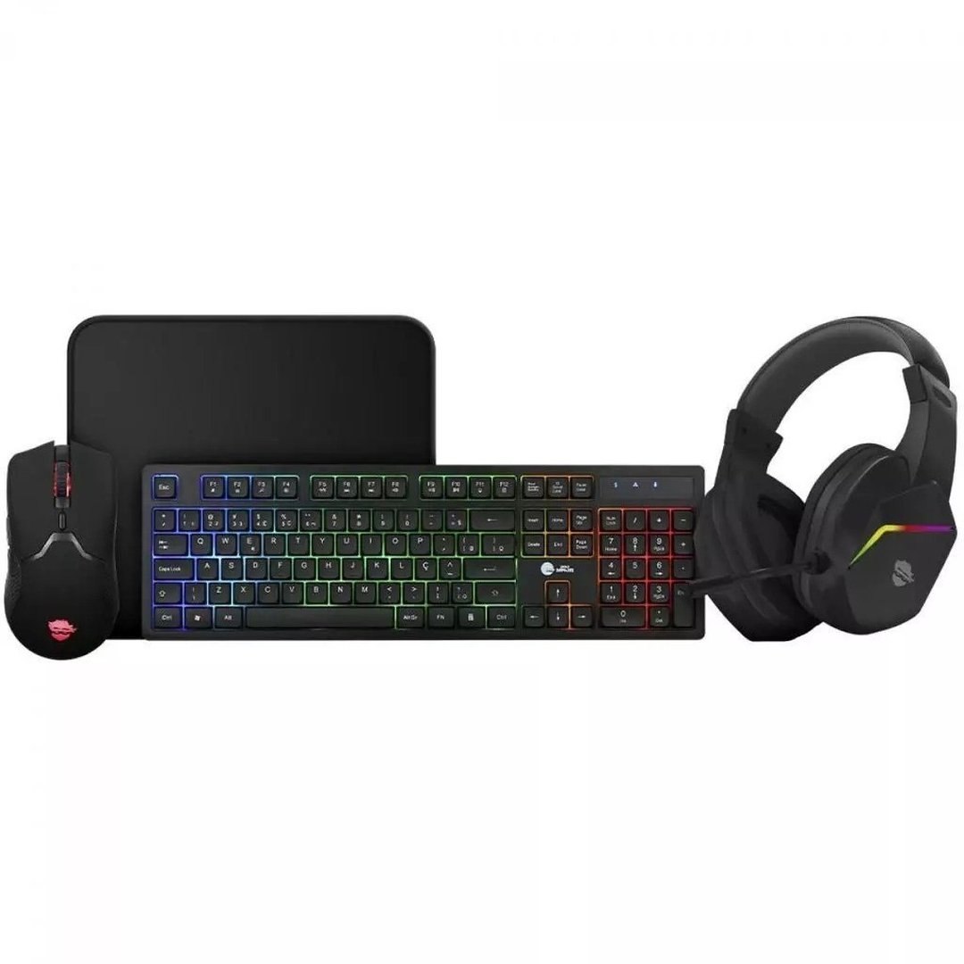 Combo Gamer Ninja Squad 4 Em 1, Headset, Teclado, Mouse e Mousepad, USB, Rainbow, Preto