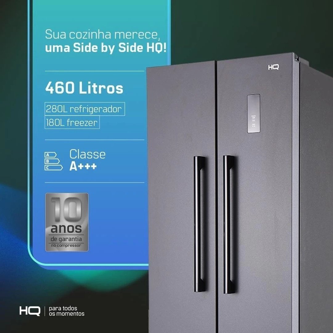Geladeira Refrigerador Hq Frost Free Side By Side 460 Litros Cinza Hq-460SBSFF