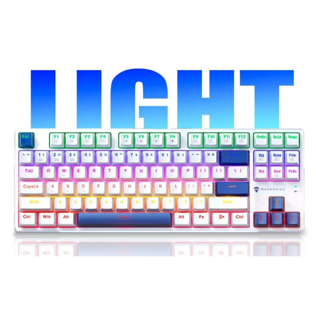 Teclado Mecânico Gamer Machenike K500B-B87 RGB, Switch Red, Layout 80%, USB-C, Abnt2, Branco e Azul