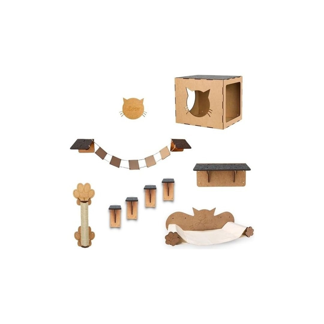 BOXFAN Kit playground para gatos 9 peças, inclui nicho, arranhador, degraus, rede, prateleira e ponte em mdf, móveis e brinquedo para diversão e conforto pet