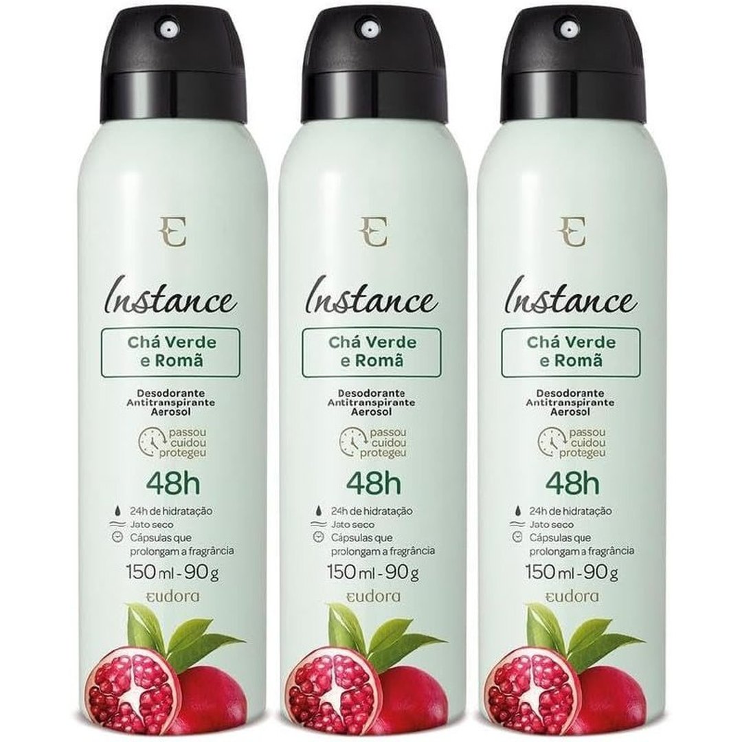 Eudora Combo Instance Chá Verde e Romã: Desodorante Antitranspirante Aerossol 3x150ml