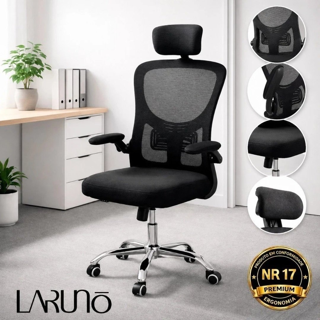 Cadeira Ergonômica com Apoio Lombar, Braços Ajustáveis e Encosto Mesh - Laruno