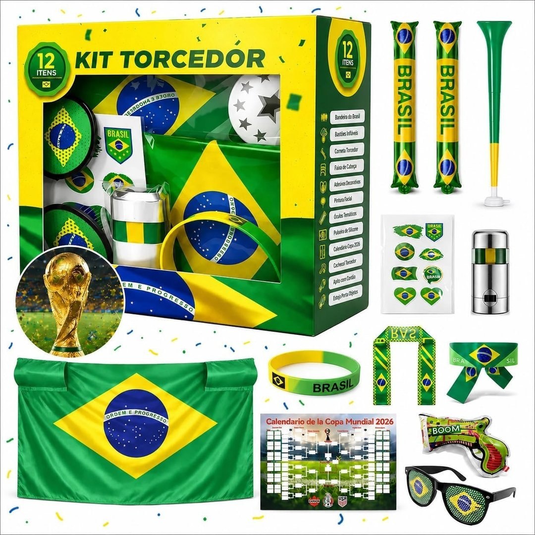 Kit Torcedor Brasil Copa 2026 12 Peças – Fantasia Completa com Faixa Cabeça, Óculos, Bandeira 150x90cm, Bastões Infláveis, Corneta, Tinta Facial e Lança Confete – Festa Churrasco Premium