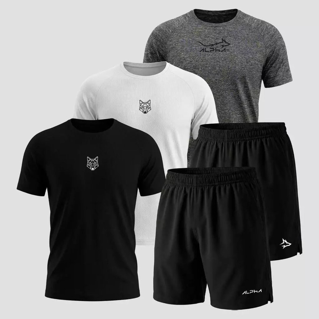 Kit 5 Peças Dry Fit 3 Camisetas e 2 Bermudas Alpha