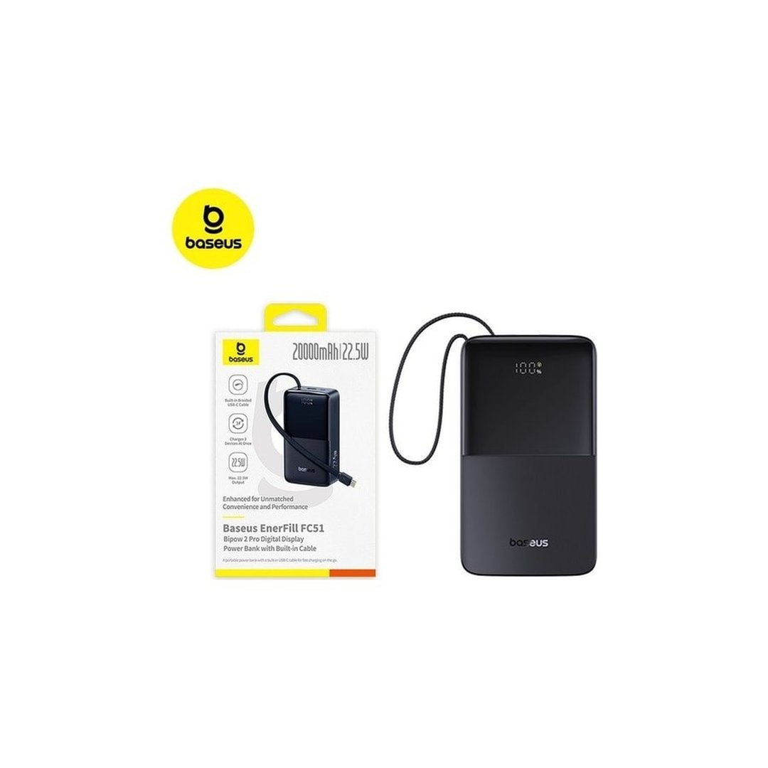 PowerBank Baseus FC51 Bipow2 Pro 20000mAh 22.5W com Cabo Integrado e Display Digital