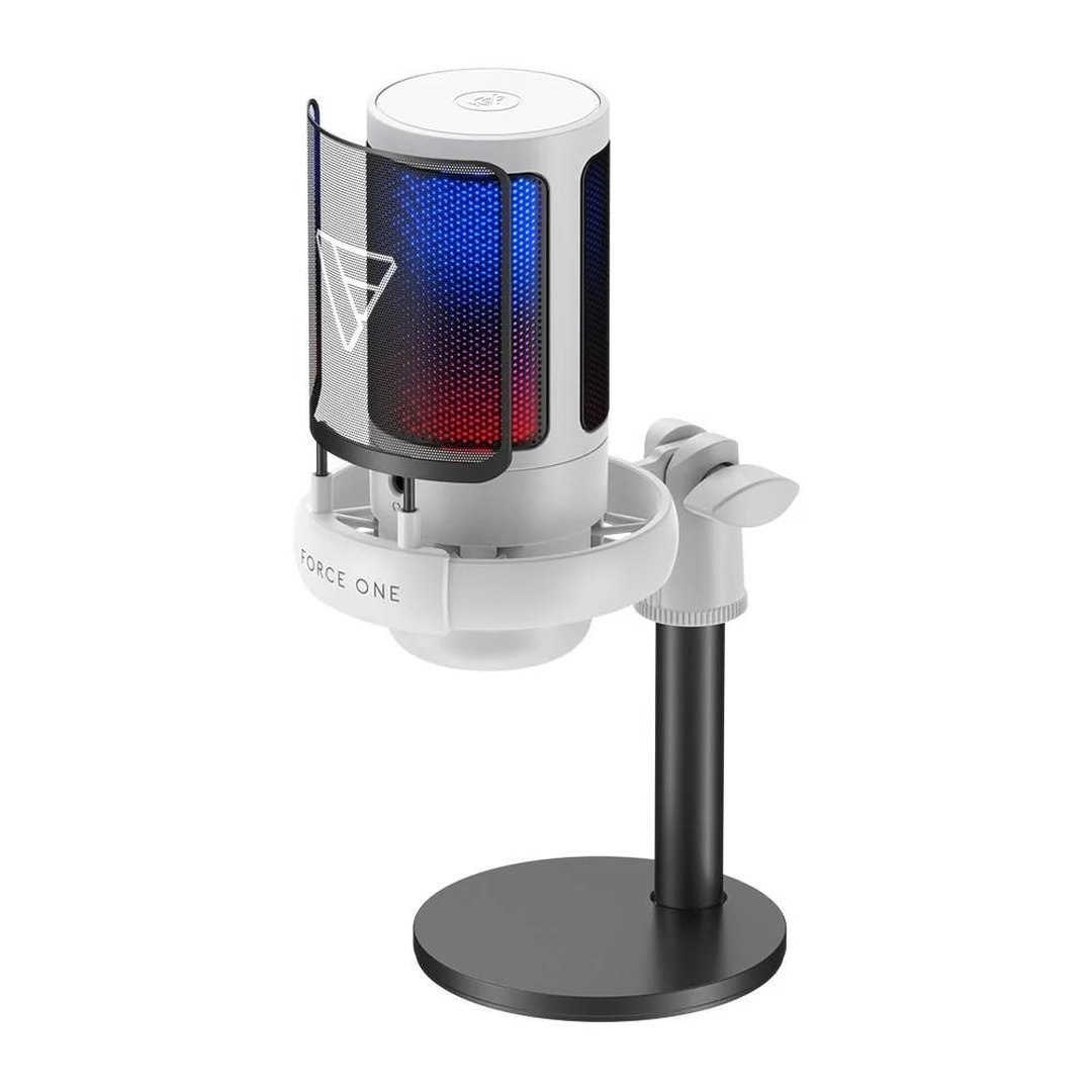 Microfone Gamer Force One Hero, RGB, Botão De Mute, USB, Cardicóide ou Unidirecional, Branco FR.MC.HE.01