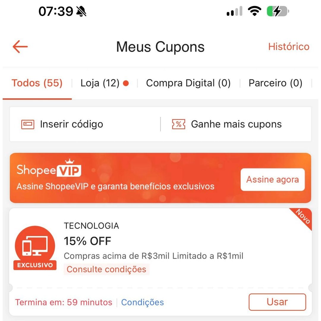 Acabei de ganhar um cupom limitado a R$1000 na Shopee ao entrar em um anúncio de valor alto