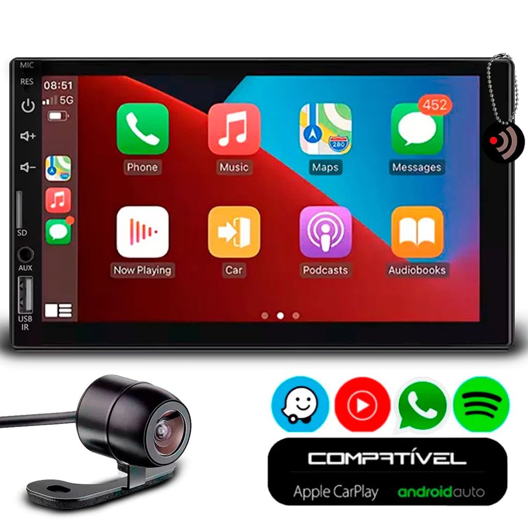 Kit Multimídia 7 Polegadas CarPlay e Android Auto Bluetooth Usb Full Touch + Câmera de Ré Universal Preta
