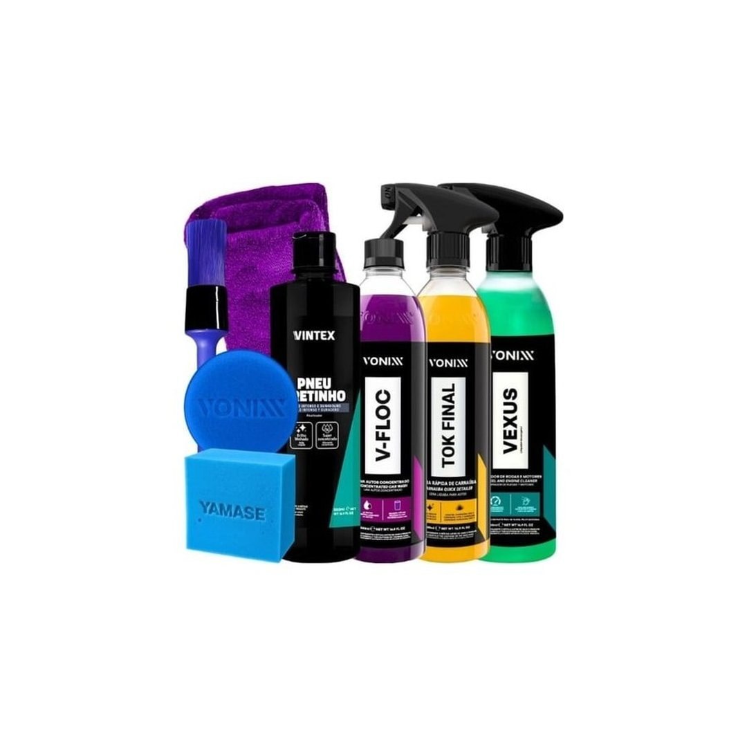 Kit Vonixx V-Floc + Tok Final + Vexus + Vintex Pneu Pretinho + Pincel + Pano Microfibra 40x40cm + Aplicadores