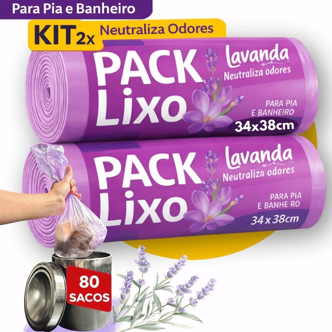 Sacos de Lixo Perfumados Lavanda Kit 2 com 80 Sacos Para Pia e Banheiro 34x38cm Neutraliza Odores