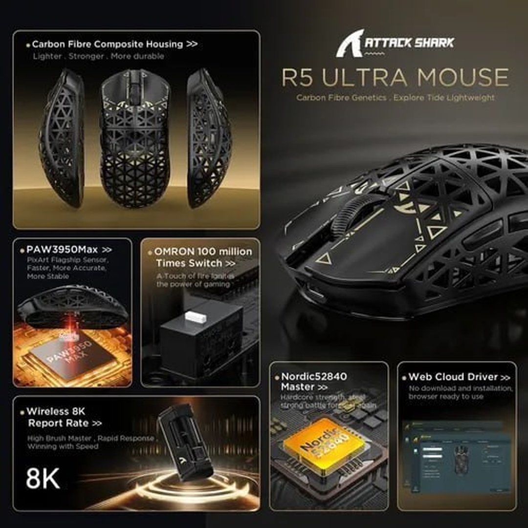 Mouse Gamer Sem Fio Attack Shark R5 Ultra, 42000 DPI, Fibra de Carbono, Switch Óptico, Tri-Mode Wireless Bluetooth USB-C, Vermelho R5 ULTRA