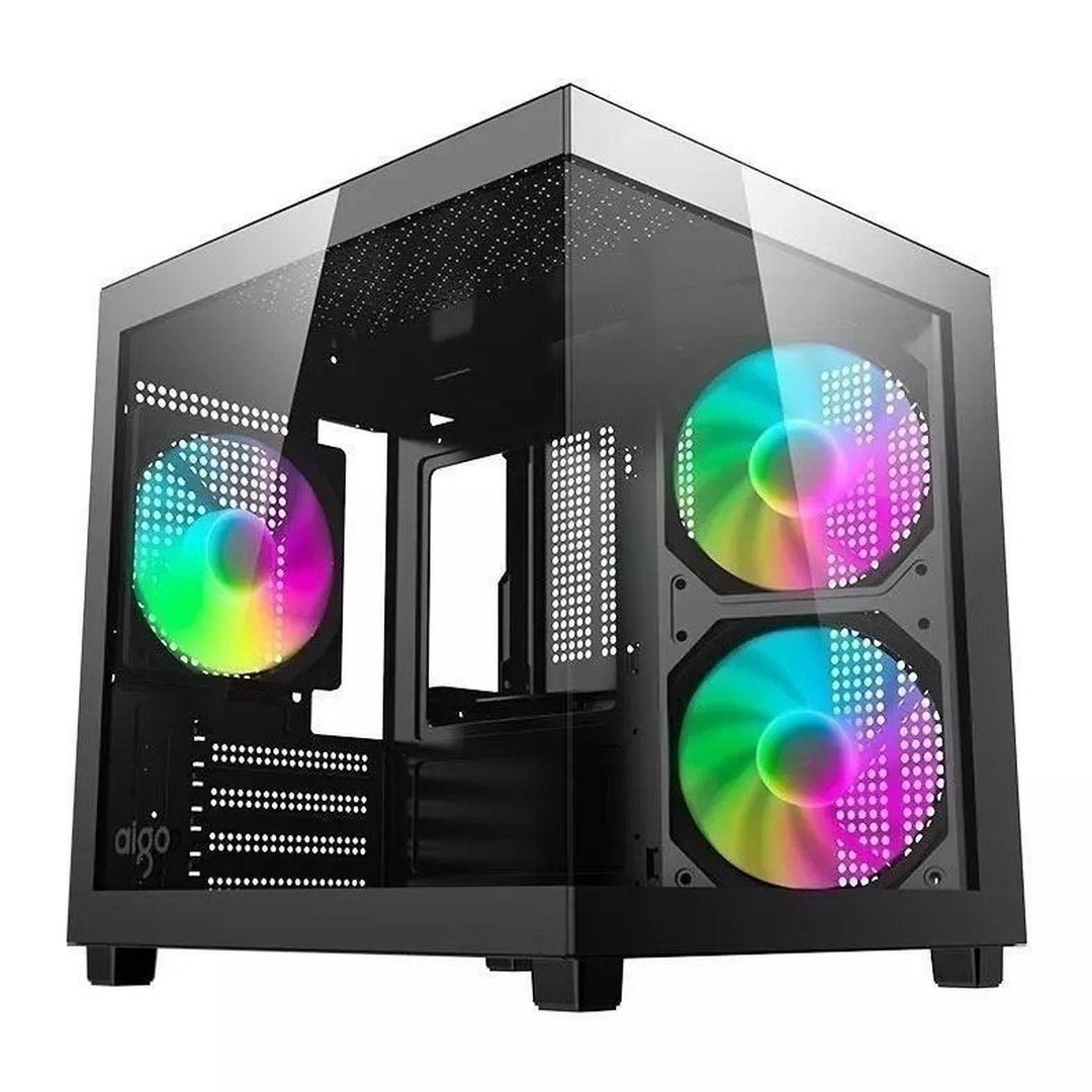 Gabinete Gamer Aigo Luna A275, Rainbow, Mini-Tower, Lateral de Vidro, Com 3 Fans, Preto